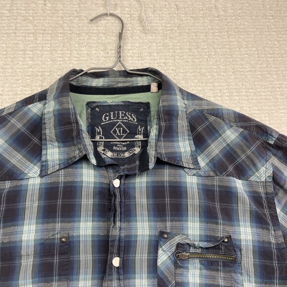 Y2K Guess Mens Blue Plaid Button-Down Long-Sleeve Shirt Metal Snap / Zip Size XL - Picture 9 of 16